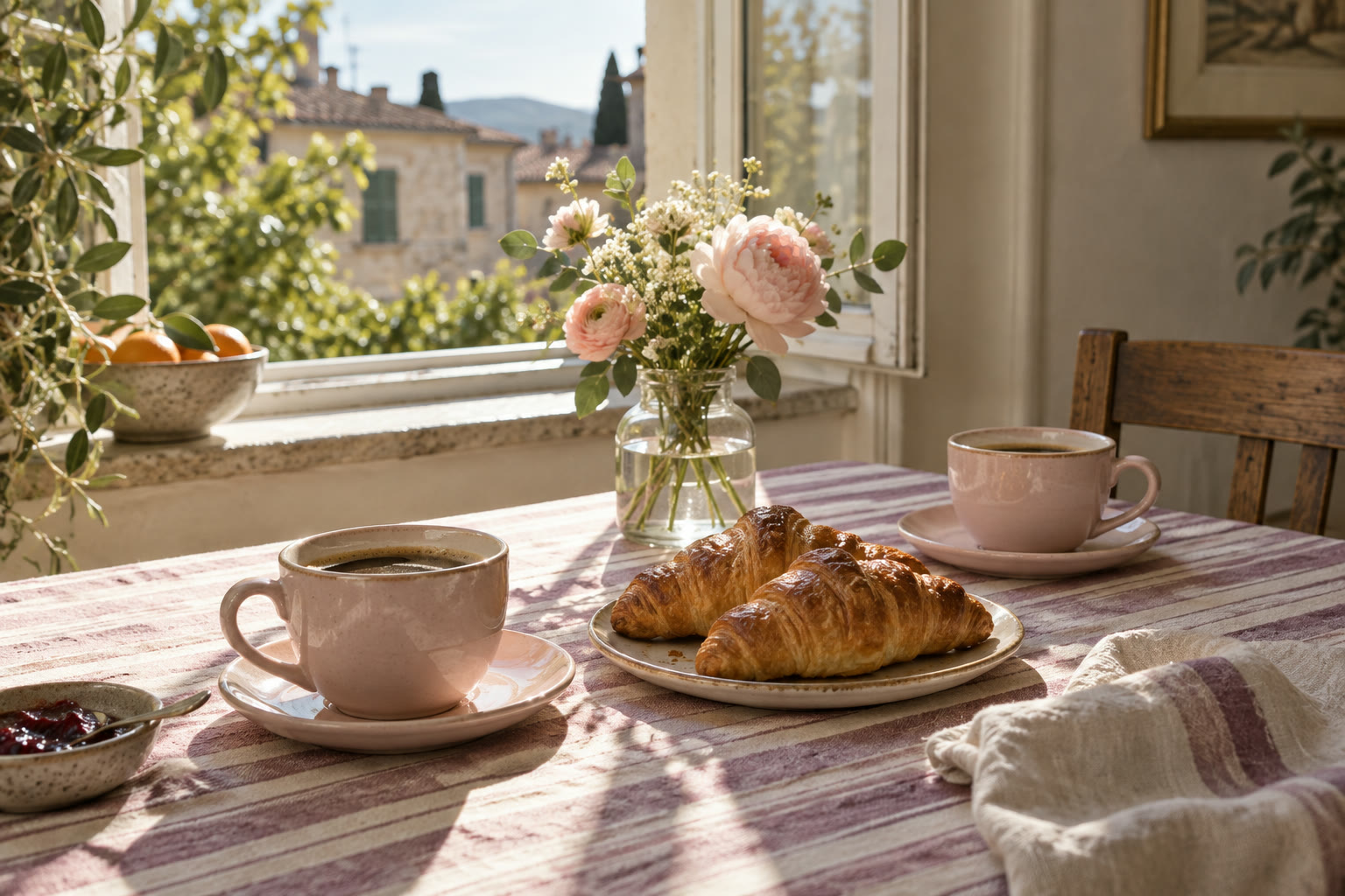 Coffee and croissants on a striped tablecloth by a sunny window